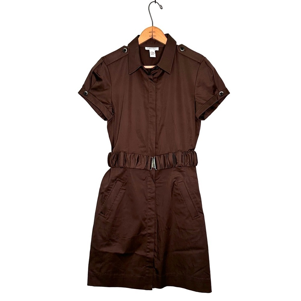 Calvin Klein | Brown Short Sleeve Belted Hidden Button Down Dress Size 4